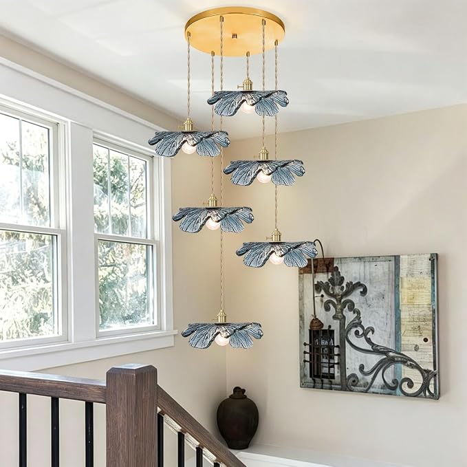 Foyer Chandelier for High Ceilings long Blue Floral pendant light Mid Century Glass Hanging Ceiling light Brushed Gold Flush Mount Ceiling Chandeliers for Staircase Entryway Living, Adjustable Height