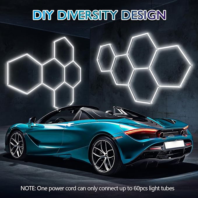 LED Hexagon Garage Lights, 24 Pack Car Garage Light Tubes, 192W, 23040LM, 6500K Super Bright, 5 Grid Systems Car Detailing LED Hex Light for Warehouse Workshop Basement Gym