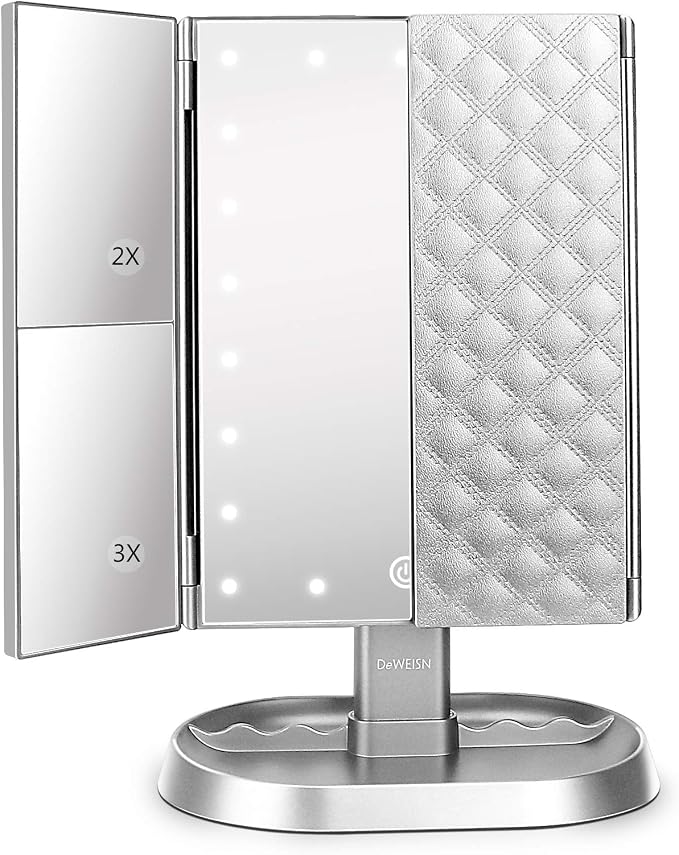 Trifold Lighted Vanity Makeup Mirror with 21 LED Lights,1/2/3 Magnification and Dimming,Two Power Supplies Makeup Mirror,Gift for Women