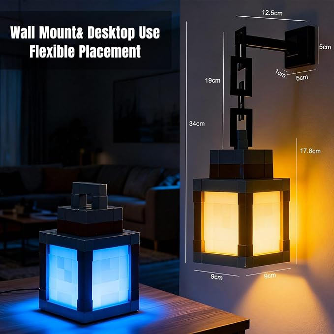 LOUHH Pixelated Lantern Night Light, 16 Color LED Wall Night Light with Remote Control - Rechargeable Retro Pixel Style Table Lamp for Game Room Kids Room Decor and Children's Gifts