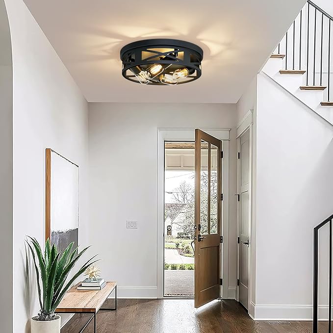 ZHU YAN Flush Mount Light Fixture,4-Light Ceiling Light Fixture for Hallway, Kitchen, Entryway - Black, E26 Base (1 Pack)