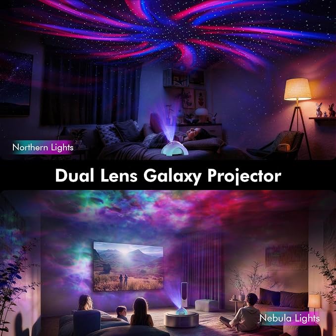Rossetta Dual Lens Galaxy Star Aurora Projector Night Light for Bedroom | 58 Light Effects, White Noise, Bluetooth Speaker, Music Sync, Remote Control, Timer, Room Decor Gift for Kids Adults Teens