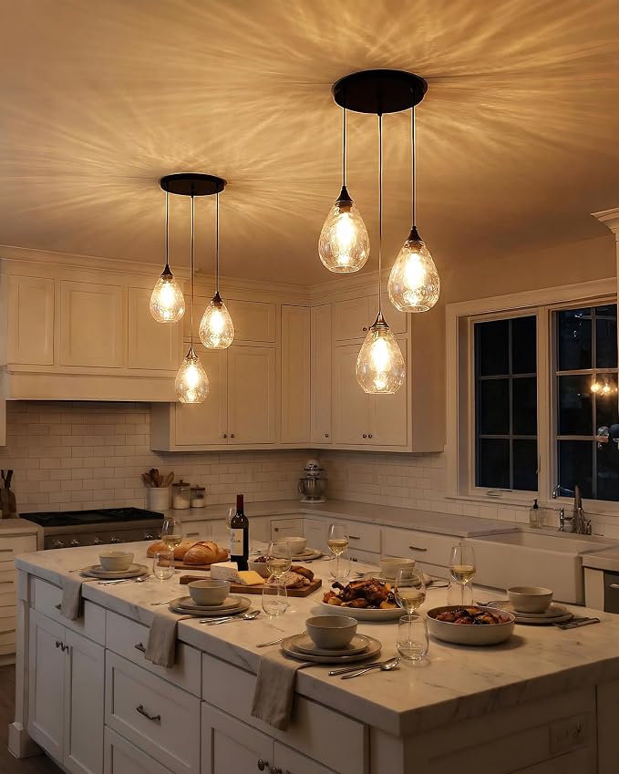 Black 3-Light Pendant Lighting, Modern Dining Room Light Fixture Over Table with Hammered Glass, Cluster Hanging Lights for Kitchen Island Dining Room
