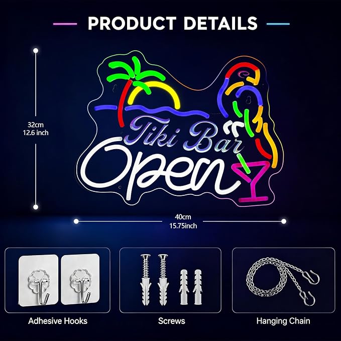 Bar Open Neon Sign for Wall Decor, USB Powered Dimmable LED Open Sign for Business, Tropical Open Neon Signs with Parrot & Palm Tree for Man Cave/Pub//Party/Office/Home Wall Decor (White)
