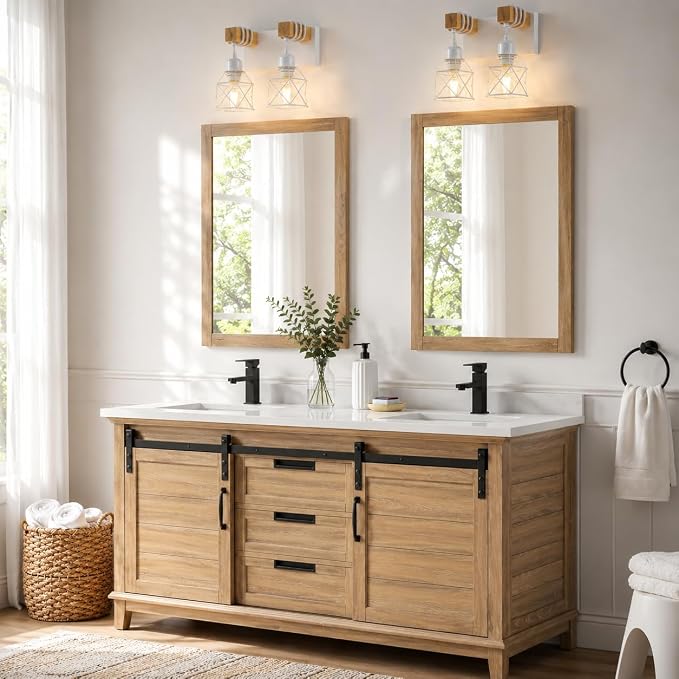 Farmhouse Vanity Light Fixture,2-Light Bathroom Lighting,White Modern Wood Wall Light Over Mirror with Metal Shade
