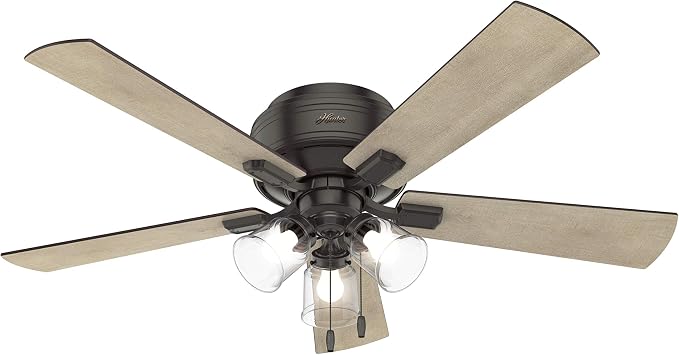Hunter Crestfield, Indoor, Ceiling Fan, Quiet, 52 inch, Noble Bronze | with LED Lights and Pull Chain, Low Profile Flush Mount, 5 Blades, For Bedroom, Living Room, Kitchen, 54208