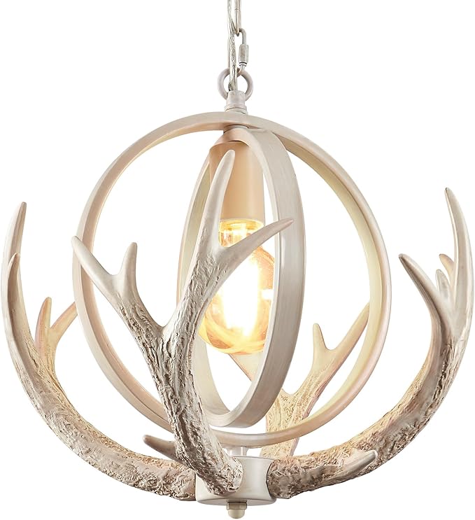 Rustic Antler Chandelier Dining for Dining Room, Unique Design Farmhosue 4 Antlers Chandeliers with Retro Globe Frame Antler Light Fixtures for Living Room Kitchen Foyer(Antique White)