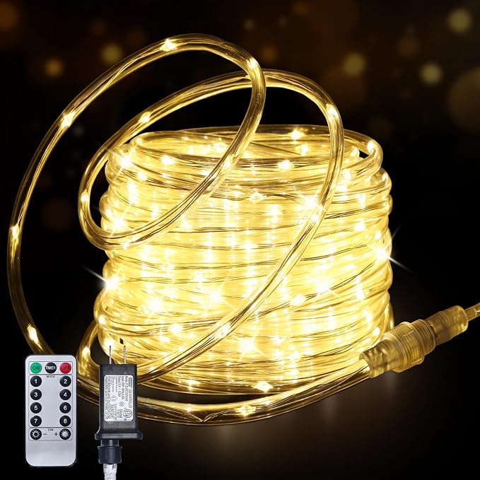 Connectable 50ft 300LED Rope Lights Plug in for Outdoor Indoor | End to End Tube Lights IP65 Waterproof with 8 Modes Remote Timer for Patio Backyards Garden Porch Pool Tree Decor, Warm White