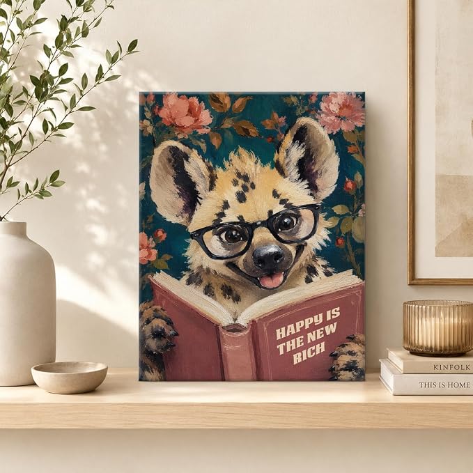 NSFBESSLIA Funny Reading Hyena Painting, Whimsical Vintage Animal Decor, Happy Is The New Rich, Cottagecore Wall Art for Living Room Bedroom Entryway, 8x10 Inch