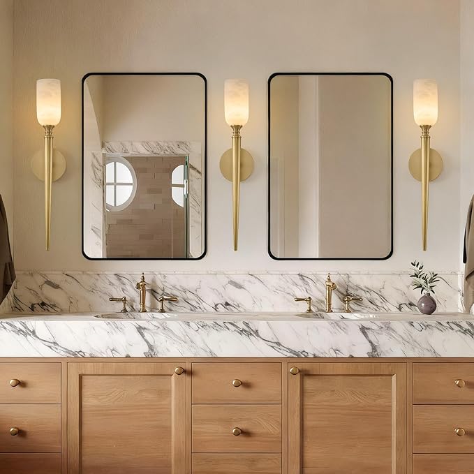 21.6" Alabaster Wall Sconces Set of 2, Vintage Brass Wall Lights | Natural Spanish Alabaster, Vintage Inspired Design, Unique Marble Veining, Elegant Brass Gold Finish, Statement Wall Accent