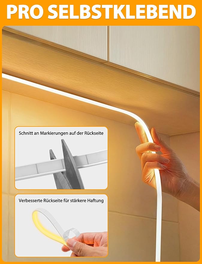 Lamomo COB LED Strip Lights 6.56Ft, Warm White Dimmable Self-Adhesive Led Rope Light with Remote, Flexible Cuttable Waterproof 3000K Silicone Neon Tape Light for Bedroom, Indoor, Cabinet, 10mm Width