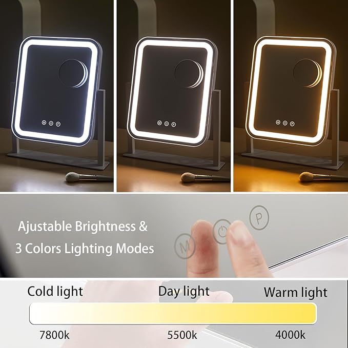 HIEEY Vanity Mirror with Lights, 14.1" x 12" Makeup Mirror with Lights, Three Color Lighting Modes, and 5X Magnification Mirror, Smart Touch Control, 360°Rotation (White,Gift Box)