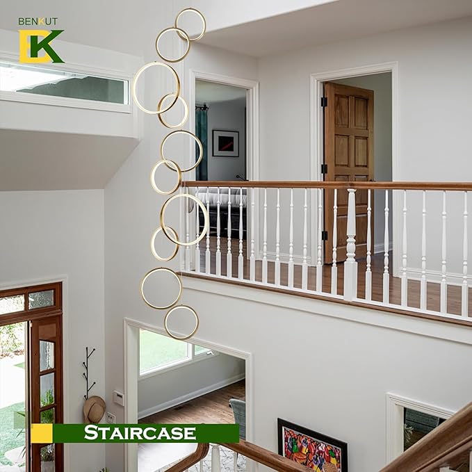 High Ceiling Chandelier 10 Ring Gold Foyer Chandeliers Entryway Long Modern LED High Ceiling Light Staircase with Remote Control for Living Dining Room (98.5in 3000K-6500K)