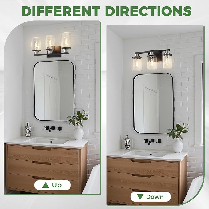 17 Inch 3-Light Black Nickel Bathroom Vanity Light | Modern Black Nickel Vanity Light Fixture, Clear Glass Shade Bathroom Wall Light, Mirror Lighting for Bedroom Living Room