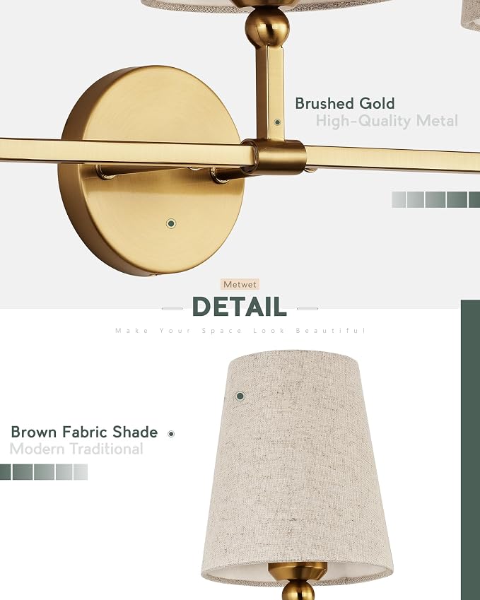 5-Light Brushed Gold Bathroom Vanity Light, Brown Linen Fabric Shade | 35 Inch gold bathroom light fixture over mirror, UL listed, E26 bulbs, hardwired, upward only, VL837-BG-L-5