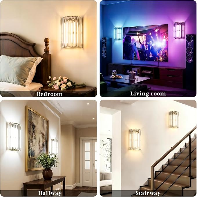 Brushed Nickel Battery Operated Wall Sconces Set of 2, Crystal Wireless Wall Light with Remote, Rechargeable Cordless Wall Lamp 12 RGB and 3 CCT Dimmable Decor for Bedroom Living Room