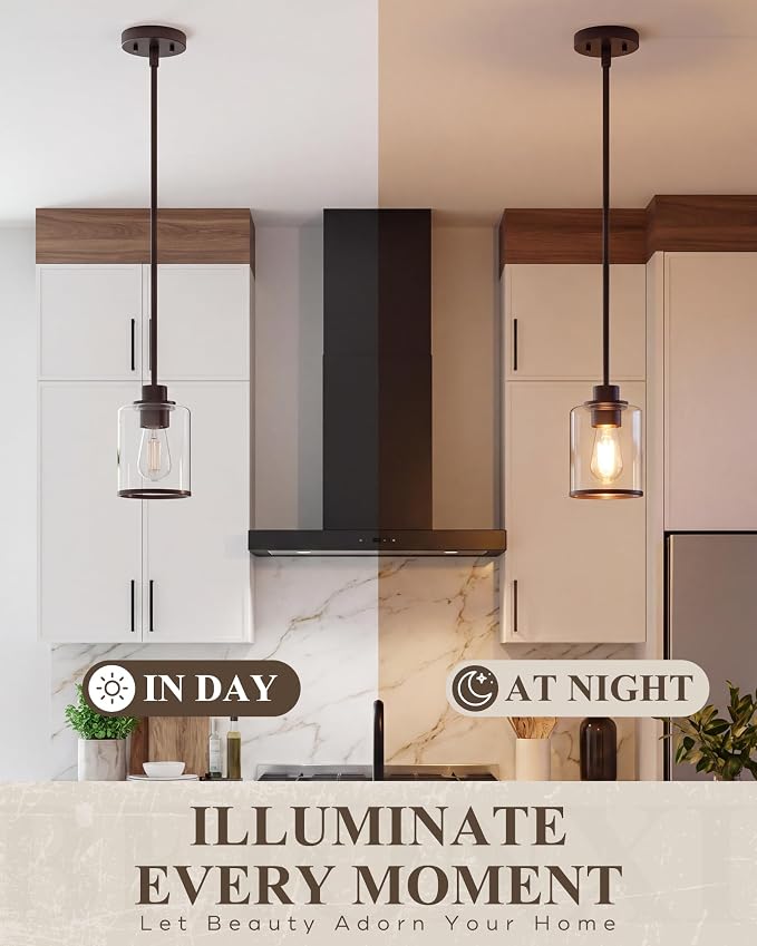 Beionxii Pendant Lights Kitchen Island, Oil Rubbed Bronze Hanging Light | Farmhouse Pendant Lighting, Hanging Pendant Light with Rods for Kitchen Island Dining Room Bedroom Entryway,BX-PL02ORB-CG+R