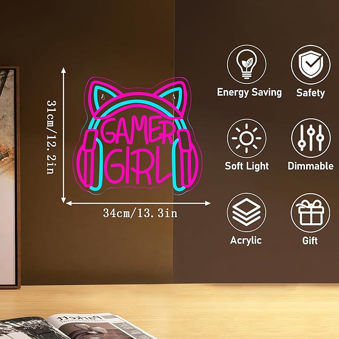 Mutank Gamer Girl Cat Headphones Neon Sign, Game Room Neon Sign USB Powered Game Headphone Sign LED Dimmable, for Gaming Room Bedrooms and Cat Ear Girl Man Caves Decor(13.3 * 12.2 In)