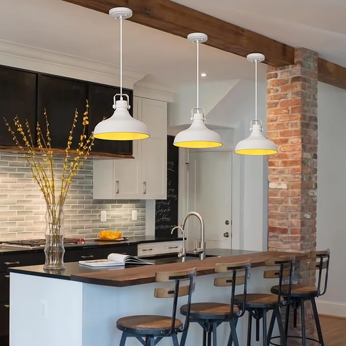 White Modern Pendant Lights Kitchen Island Fixtures | ETL Certificate,Industrial Adjustable Height Vintage Dome Hanging Light Fixtures for Barn,Dining Room 3 Pack