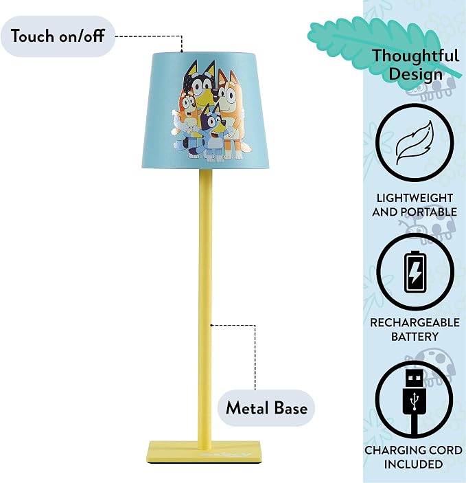 Bluey Kids Touch Night Light Lamp, Rechargeable Battery Operated Bedroom Table Lamp with Touch On/Off, Portable LED Desk Light with Charging Cord for Nursery & Children’s Room