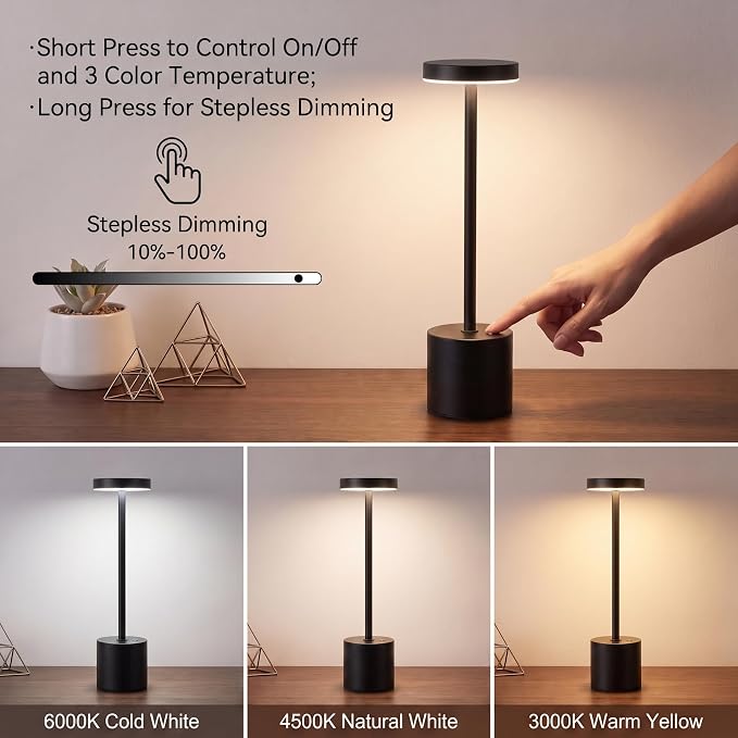 Black Cordless Table Lamp Set of 2, Rechargeable Battery Table Light | 5000mAH Battery Portable LED Desk Lamp, 3 Color Dimmable Table Light for Restaurant, Patio, Bedroom, Bedside Night Lamp