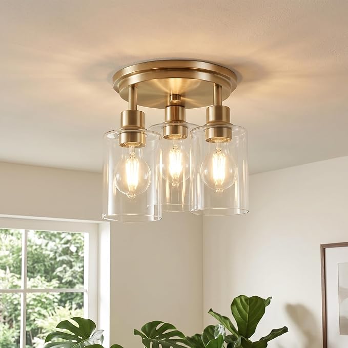 Semi Flush Mount Ceiling Light, 3-Light Close to Ceiling Light Fixtures, Brass Gold Finish Kitchen Light Fixtures with Clear Glass Shade Patriot Lighting for Entryway Porch Hallway, 8.8"X11"