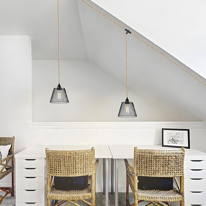 2 Light Plug in Pendant Light Cord, 19.68ft Hemp Rope Cable, Black Metal Cage Lampshade Ø20cm, E26/E27 Socket Vintage Hanging Lights with Plug in Cord for Dining Room Living Room