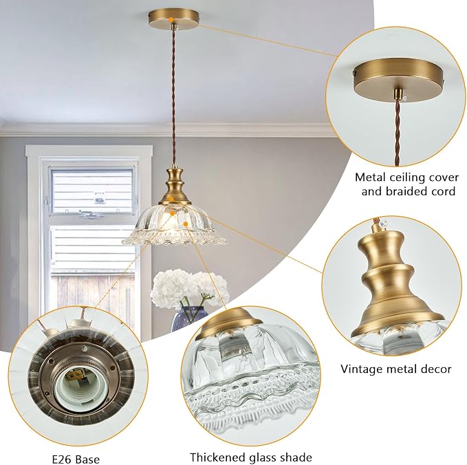 HDDFL Glass Pendant Lights Modern Pendant Lighting Fixtures 11.8 in Brushed Finish Hanging Lamp for Kitchen Island Bedroom Dining Room Coffee Shop Hallway Hotel Living Room