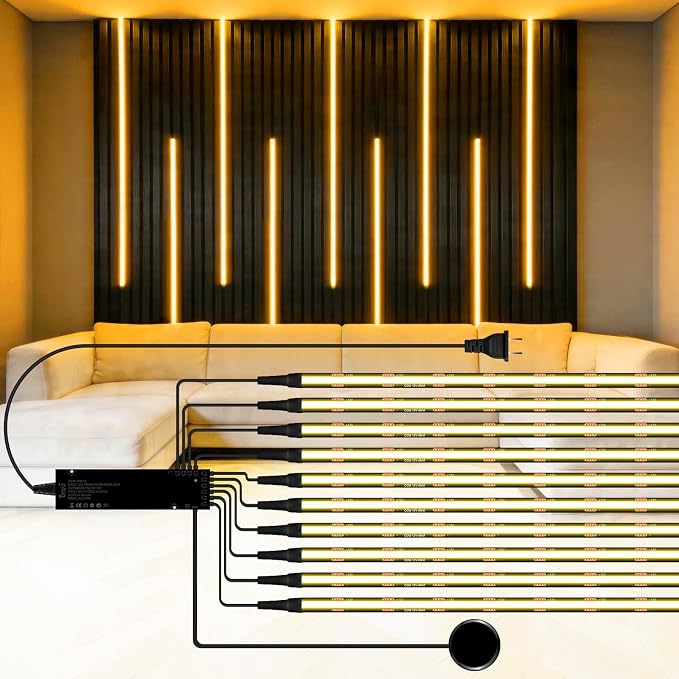 10PCs Touch Dimmable Black COB LED Strip Lights 12V 6.56Ft Self-Adhesive | Under Cabinet Lights with 100W Adapter 3000K LED Recessed Lighting for Wood Slat Wall Panels Headboards Shelf Home Decor