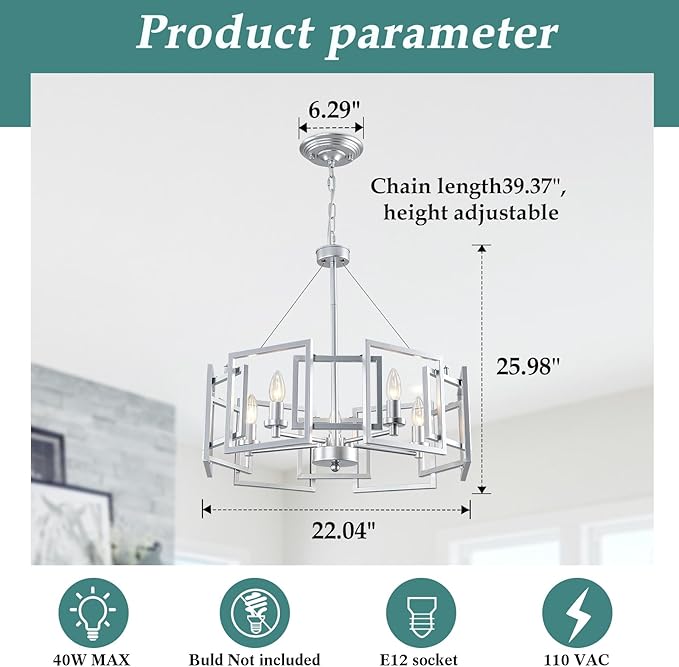 ZGLAOJT Modern Chandelier Chrome Geometric Pendant Lighting Fixture 5-Light Metal Farmhouse Chandelier for Dining Room Living Room entryway Kitchen Bedroom Island