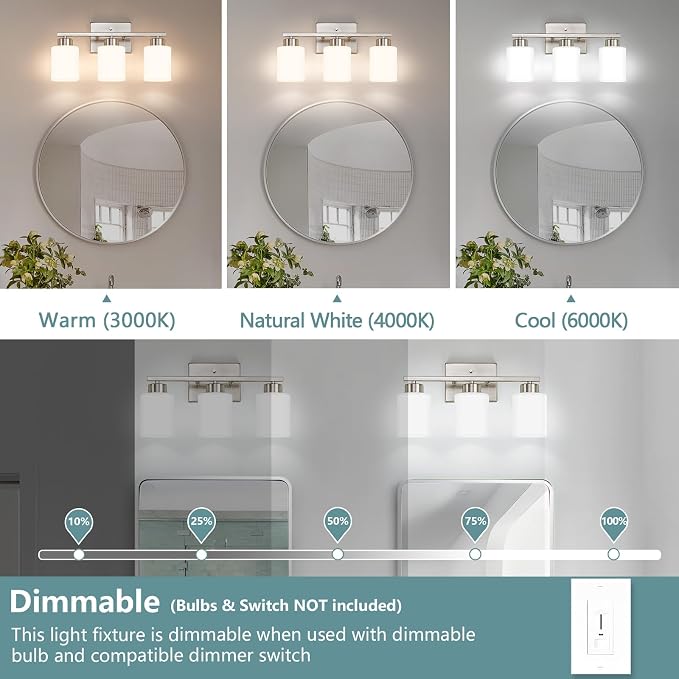 Brushed Nickel Bathroom Light Fixtures Vanity Lighting Over Mirror | 3-Light Modern Wall Sconces with Milky White Frosted Glass Shades for Restroom (E26 Socket)
