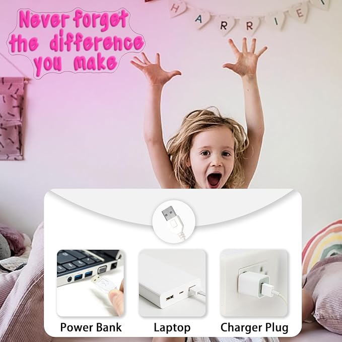 Never Forget The Difference You Make Neon Sign for Wall Decor USB Powered Motivational Led Letters Light Up Sign Dimmable Pink Neon Light for Gifts Bedroom Gym Classroom Party (16.54 * 8.66)