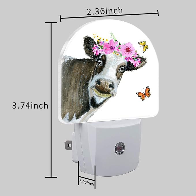 Night Light Plug into Wall Watercolor Cow with Wreath Dusk to Dawn Sensor for Kid Girls Boys Women Men Room Decor, Hallway, Kitchen, Bathroom, Nursery, Stairs