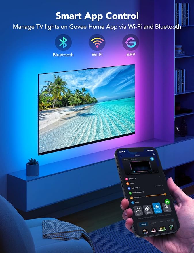 Govee TV LED Backlight,RGBIC Smart LED Strip Lights for 70-80 inch TVs, Bluetooth and Wi-Fi Control, Works with Alexa & Google Assistant, Music Sync, 99+ Scene Modes, Adapter