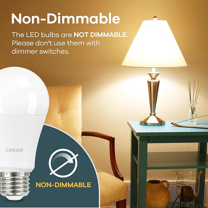 Linkind A19 LED Light Bulb, 100W Equivalent Light Bulbs, 14W 2700K Soft White, 1600 Lumens Non-Dimmable LED Bulb, E26 Standard Base Bulbs for Home Kitchen Bedroom Living Room, 4-Pack