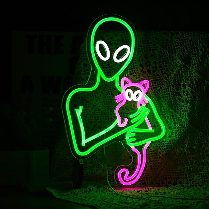 Aliens Cat Neon Sign Funny Green Aliens Pink Cat Led Light Up Sign For Wall Decor Dimmable USB Powered Neon Light For Art Wall Decorations Game Room Party Kids Birthday Gifts