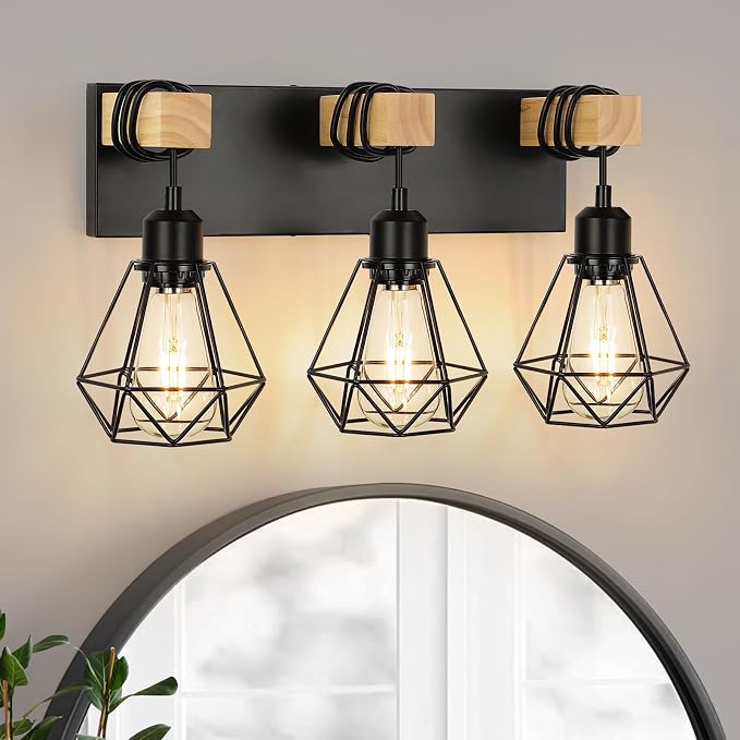 foucasal 3-Light Farmhouse Vanity Lights, Rustic Wood Bathroom Light | Black Metal Cage & Wood Vanity Light Fixtures Over Mirror, Wall Sconce Lighting for Bathroom Bedroom Hallway Living Room