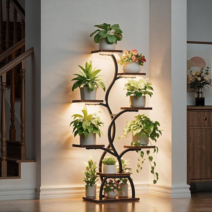 Plant Stand Indoor with Grow Light - 8 Tiered Corner Plant Shelf Indoor | 49" Plant Holder with Lights for Indoor Growing, Tall Lighted Flower Stand for Living Room, Balcony, Brown