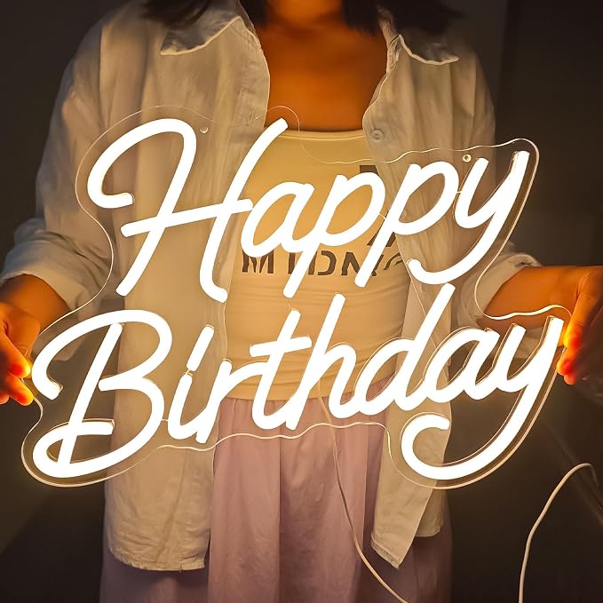 Happy Birthday Neon Sign for Wall Decor, LED Happy Birthday Light Up Sign | Dimmable Happy Birthday Sign for Birthday Party Backdrop, Any Ages Bday Party Decoration, 16.14"x11.65", USB Powered, Hanging