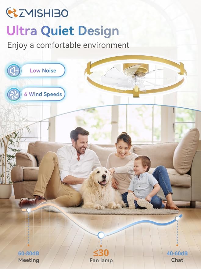 ZMISHIBO 23" RGB Low Profile Ceiling Fans with Lights and Remote, Gold | Custom RGB+3CCT Dimmable, 6 Speeds, Remote/App Control, Reversible DC Motor, Memory, Timer, Modern Fandelier for Kids/Bedroom