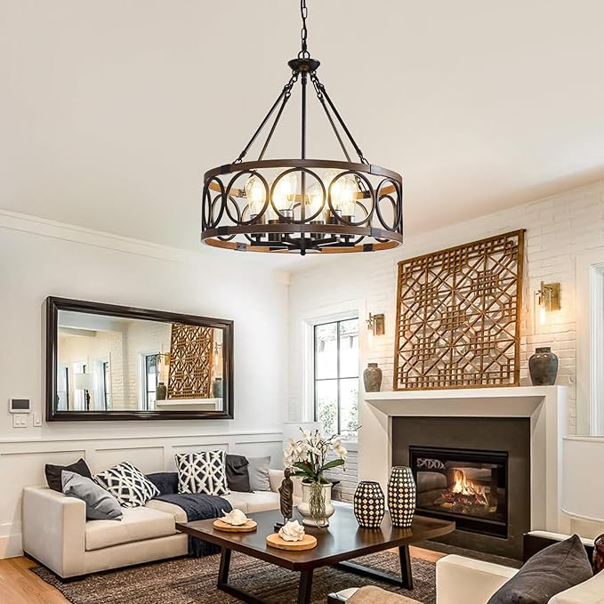20.5'' Farmhouse Chandelier, 6-Light Walnut Wood Grain Dining Room Light Fixture Over Table, Rustic Industrial Drum Hanging Pendant Lights Fixture for Kitchen Island Bedroom Hallway Foyer Entryway