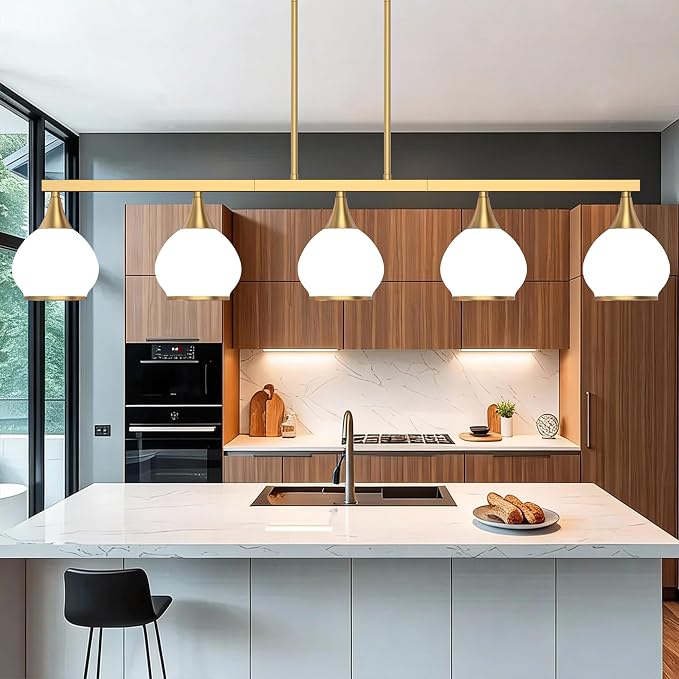 Kitchen Island Linear Pendant Light, 5-Light Gold Dining Room Chandelier with White Glass Globe Shades, Modern Linear Lighting Fixture Over Table