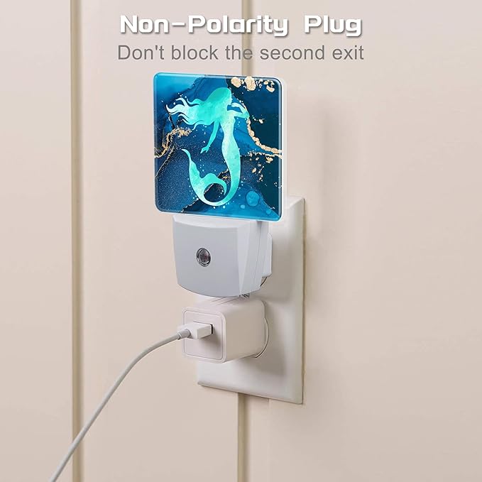 Watercolor Turquoise Mermaid Night Light for Kids,Navy Blue Golden Marble Night Light Plug in with Dusk to Dawn Sensor,0.5w Energy Saving Nightlight for Hallway Stairway Kitchen Bedroom