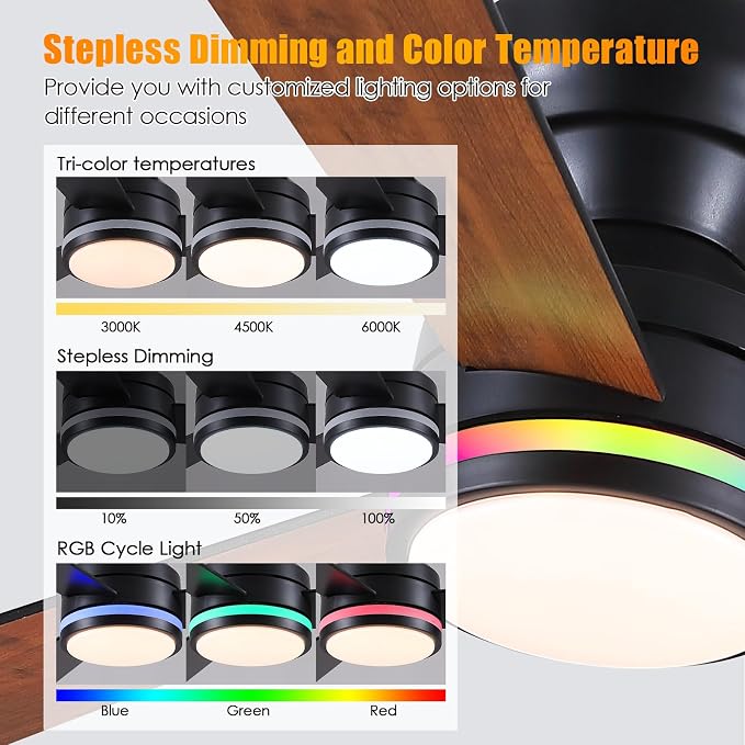 46" 3-Blade Brown Low Profile RGB Ceiling Fan with Light and Remote/APP | 11 RGB Modes,Reversible 6 Wind Speeds,Dimmable 3 CCT LED, 25W Quiet DC Motor,Timer,6 Double-Sided Blades,for Kidsroom Party