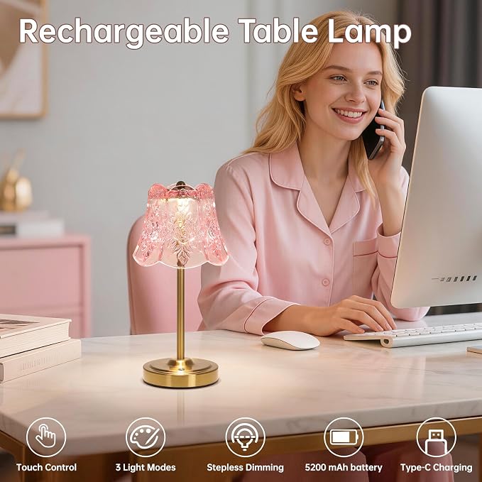 Shenmoyl Cordless Touch Table Lamp with 5200mAh Battery - 3 Adjustable Color Temperatures & Dimmable, Rechargeable Desk Lamp for Bedroom, Living Room, Office, Entryway, Bookshelves (Clear Pink Rose)