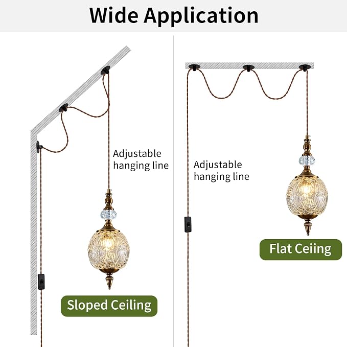 Piepooye Vintage Plug in Gold Glass Pendant Light for Kitchen Island | Antique 4.72" Mini Adjustable Hanging Ceiling Light Fixture Dining Room Bedroom Foyer Entryway