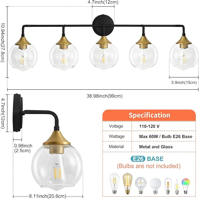 Bathroom Vanity Light 5-Light Black and Gold Vanity Light 39" | Modern Vanity Lighting Fixtures Over Mirror, Thickened Clear Glass Shade, UL E26 Dimmable Vanity Light Fixtures