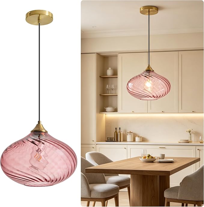 11in Gold Pendant Lights Kitchen Island with Purple Pink Glass Shade 1Pack | Handcrafted Glass Pendant Light Fixtures, UL Certified, E26 Base 100W Max, Height-Adjustable, Dimmable Hanging Pendant Light