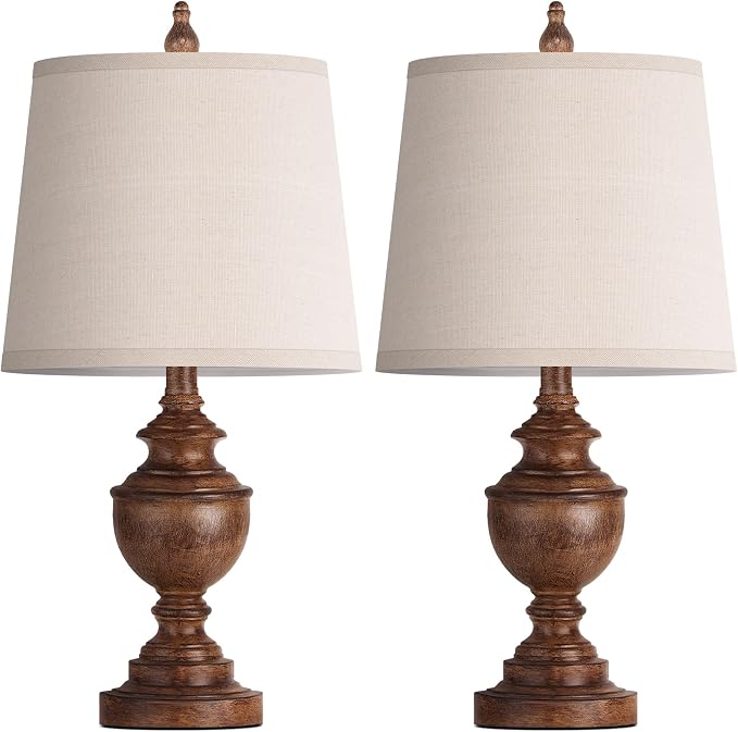 Retro Table Lamps Set of 2, Bedside Lamp for Bedroom Rustic Farmhouse Table Lamps for Living Room, Vintage Nightstand Lamps with White Shades, Wood Grain