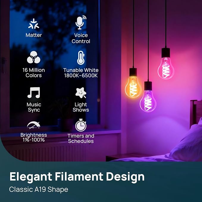 Linkind Matter Smart Light Bulbs, Work with Alexa/Apple/Google Home, 1Pack | A19 Color Edison Bulb, Voice Control, Music Sync, Timer, Tunable White(1800K-6500K), Vintage Decor E26 LED Filament 60W 850LM